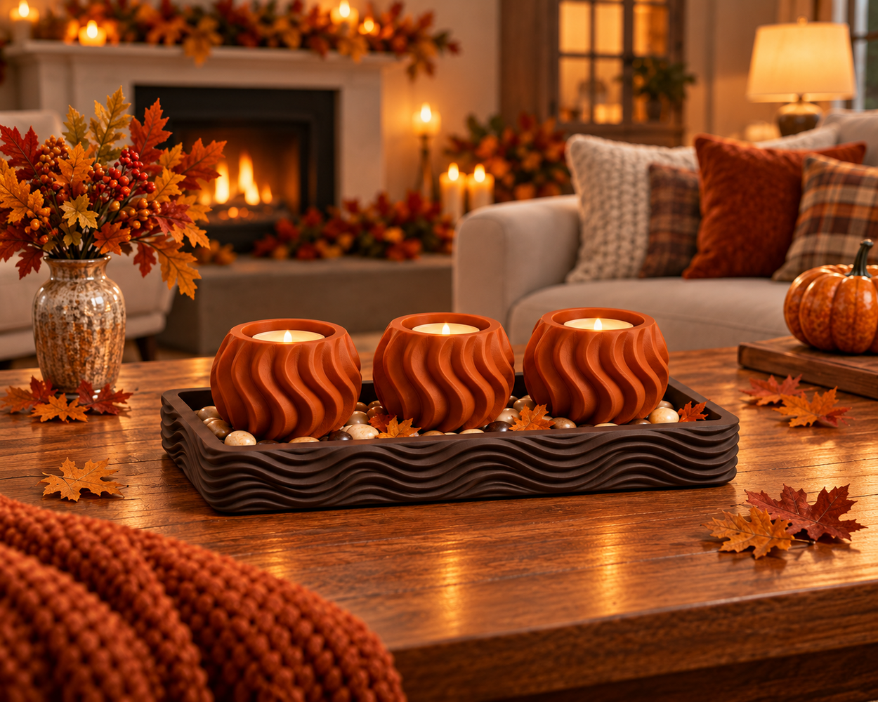 Terracotta wave candle holder trio